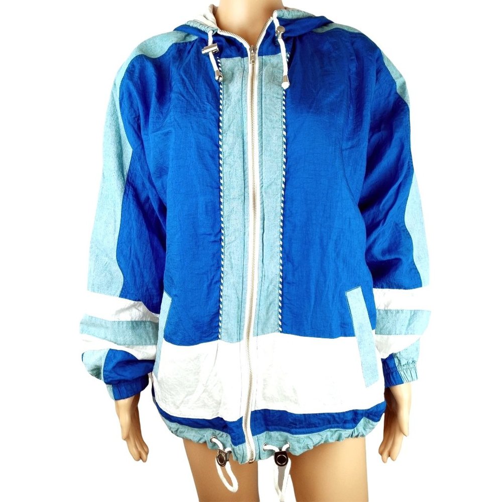 Vintage Jacket Active Frontier Hood 80s Blue Shoulder Pad Zip Denim Women Large